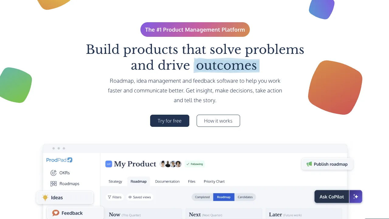 ProdPad Marketing-Startseite in Desktopbreite